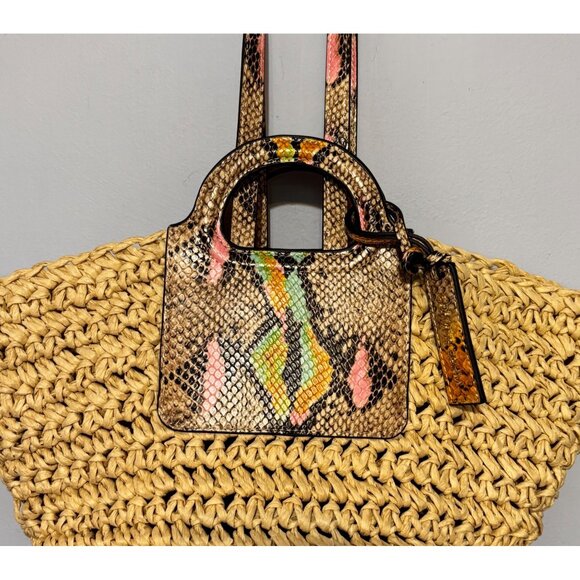Vince Camuto Lena Straw Tote Bag Faux Snakeskin Duo Handles Boho Chic Beachy - Picture 2 of 12